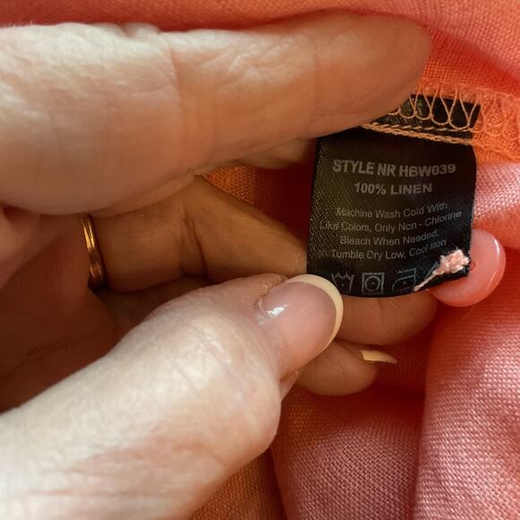 Harve Benard Peach Washable Linen Roll Tab Sleeve Button Down Tie Hem L - Picture 5 of 6